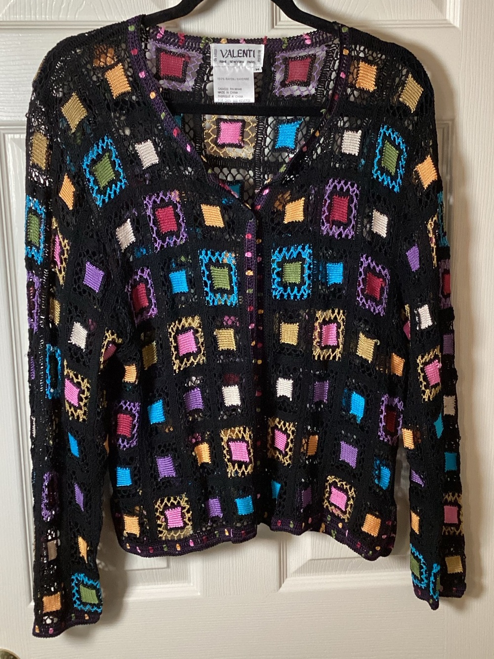 Valenti Black Crochet Cardigan with Multicolor Squares - Size M